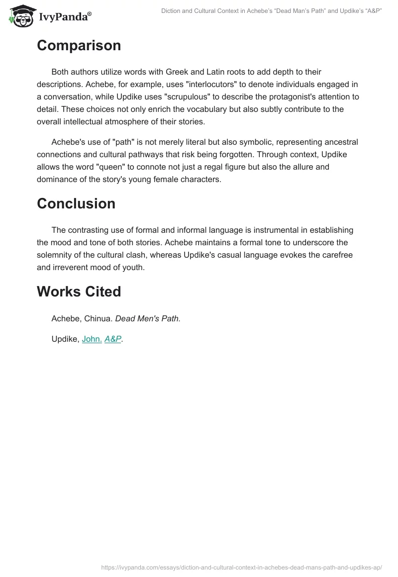 Diction and Cultural Context in Achebe’s “Dead Man’s Path” and Updike’s “A&P”. Page 2