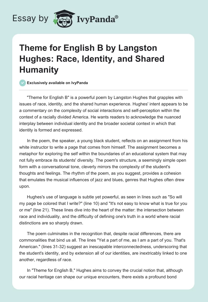 Theme for English B by Langston Hughes: Race, Identity, and Shared Humanity. Page 1