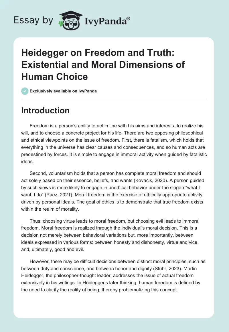 Heidegger on Freedom and Truth: Existential and Moral Dimensions of Human Choice. Page 1