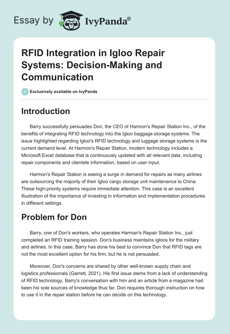 RFID Integration in Igloo Repair Systems: Decision-Making and Communication. Page 1