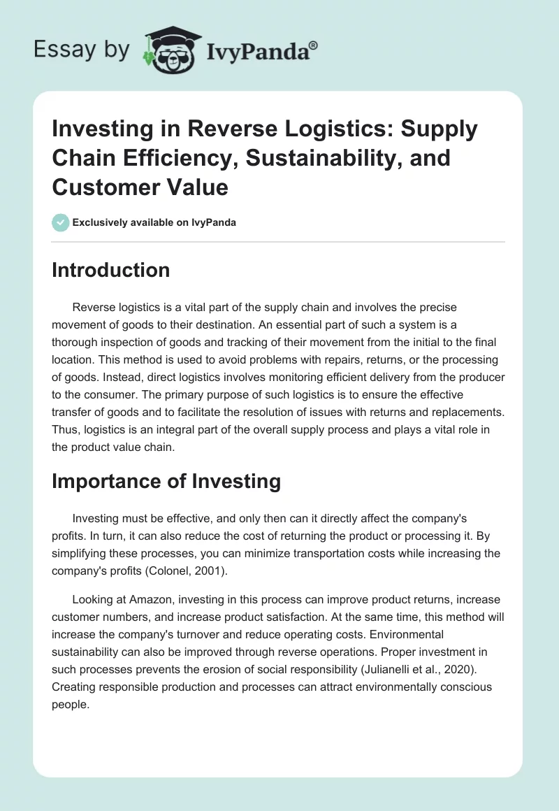 Investing in Reverse Logistics: Supply Chain Efficiency, Sustainability, and Customer Value. Page 1