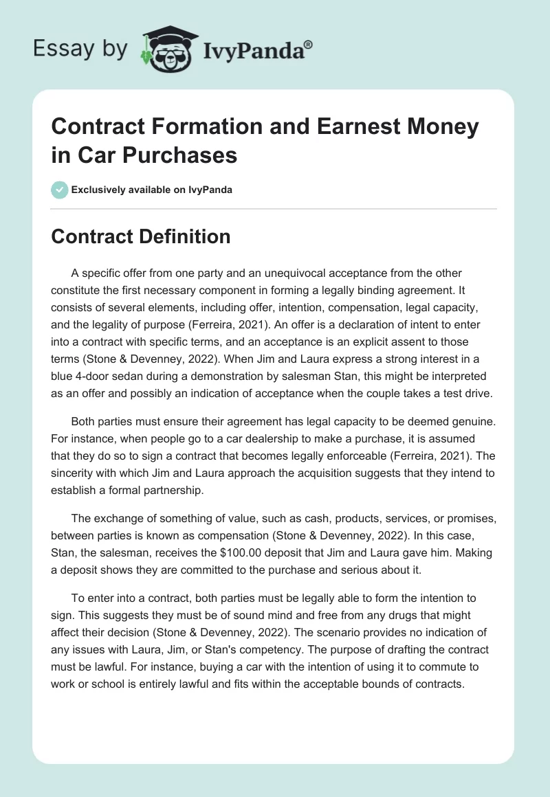 Contract Formation and Earnest Money in Car Purchases. Page 1
