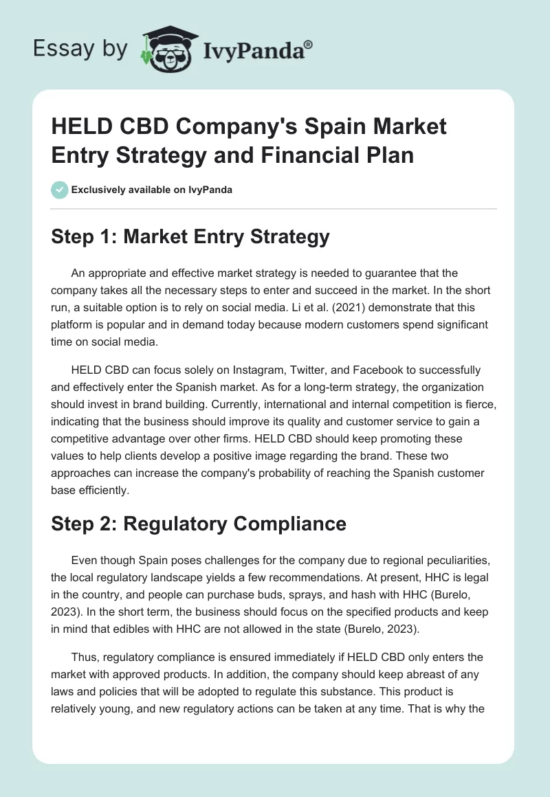 HELD CBD Company's Spain Market Entry Strategy and Financial Plan. Page 1