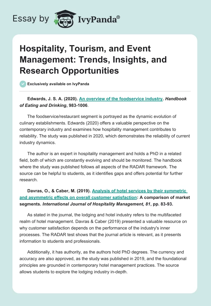 Hospitality, Tourism, and Event Management: Trends, Insights, and Research Opportunities. Page 1