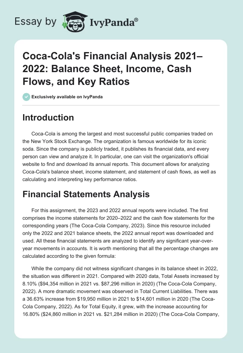 Coca-Cola's Financial Analysis 2021–2022: Balance Sheet, Income, Cash Flows, and Key Ratios. Page 1