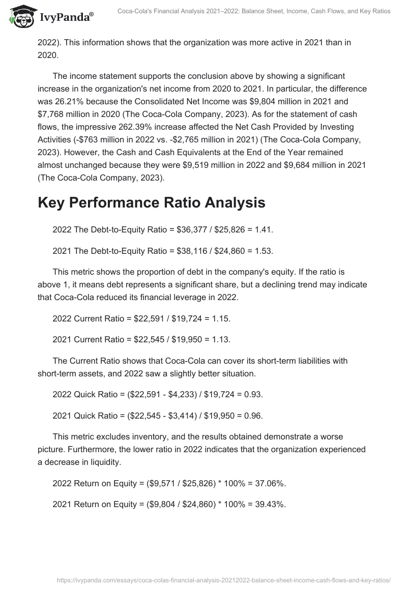 Coca-Cola's Financial Analysis 2021–2022: Balance Sheet, Income, Cash Flows, and Key Ratios. Page 2