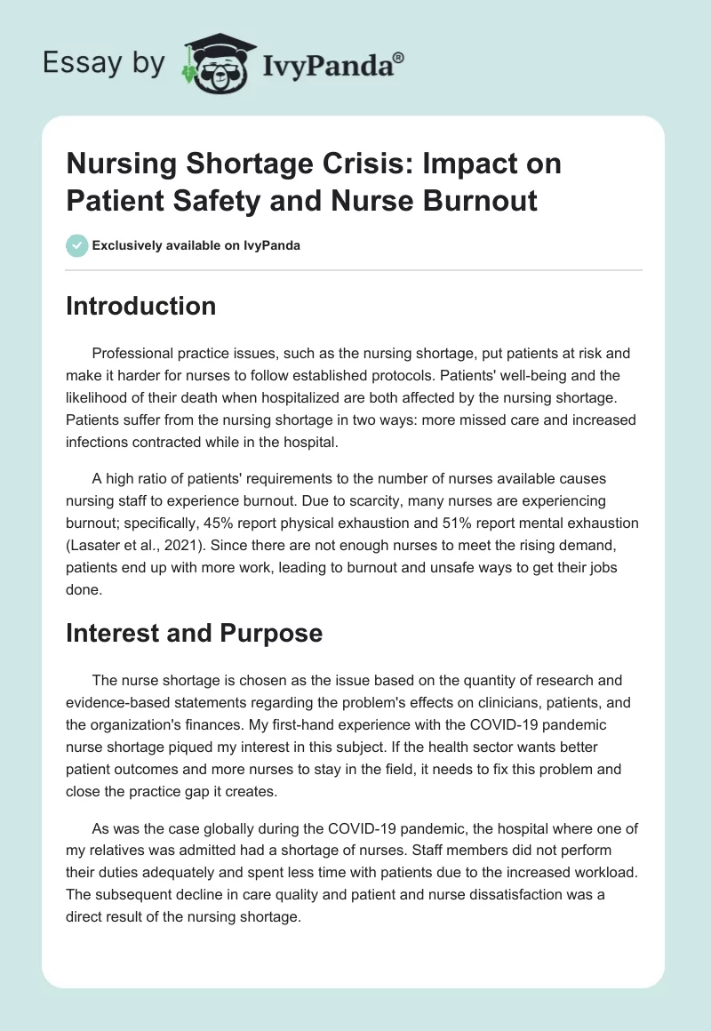 Nursing Shortage Crisis: Impact on Patient Safety and Nurse Burnout. Page 1