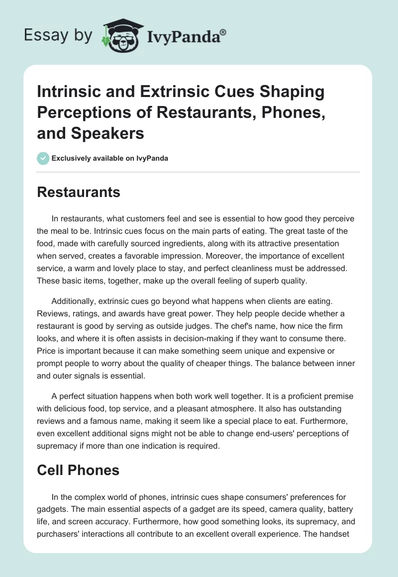 Intrinsic and Extrinsic Cues Shaping Perceptions of Restaurants, Phones, and Speakers. Page 1