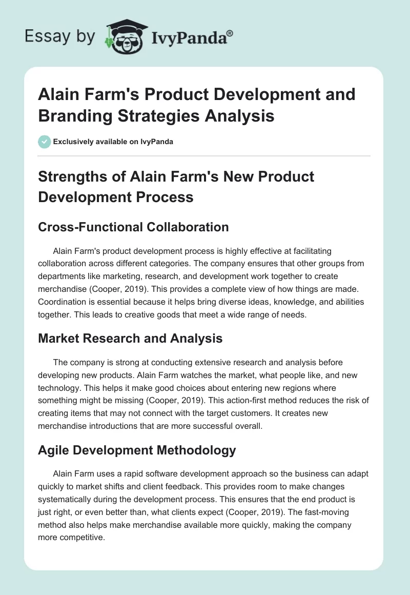 Alain Farm's Product Development and Branding Strategies Analysis. Page 1