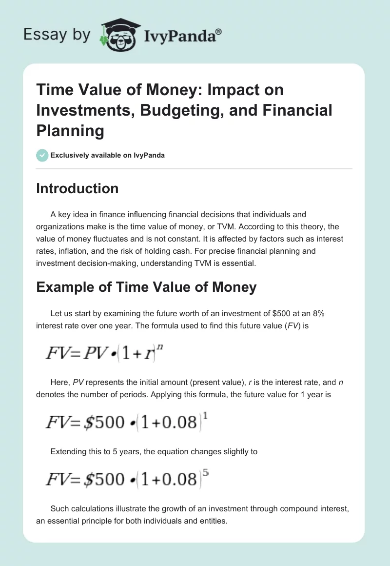 Time Value of Money: Impact on Investments, Budgeting, and Financial Planning. Page 1