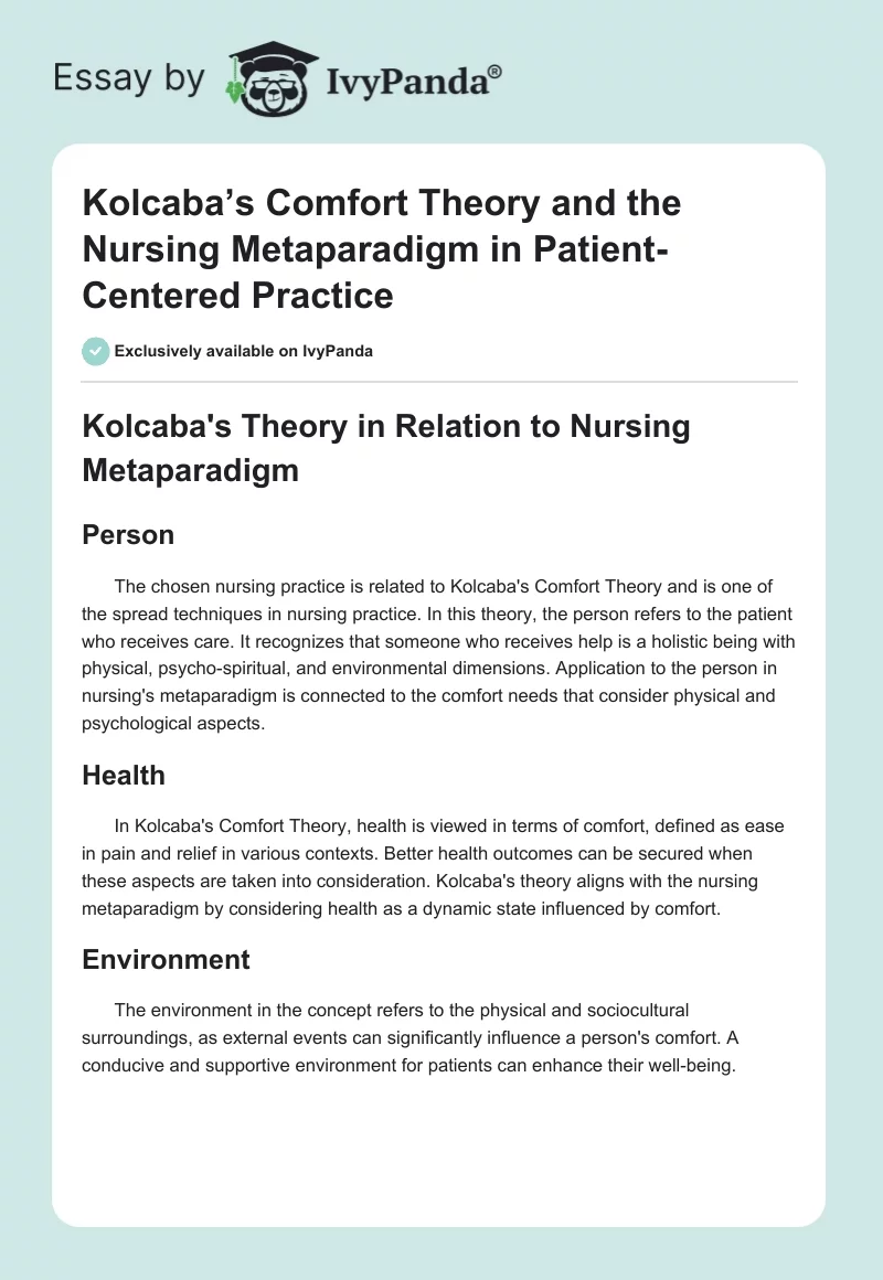 Kolcaba’s Comfort Theory and the Nursing Metaparadigm in Patient-Centered Practice. Page 1