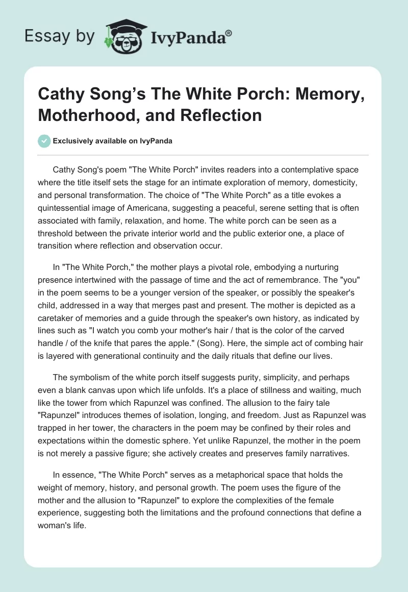 Cathy Song’s The White Porch: Memory, Motherhood, and Reflection. Page 1