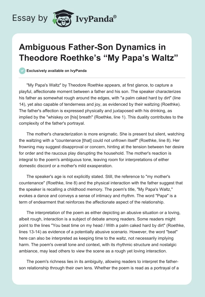 Ambiguous Father-Son Dynamics in Theodore Roethke’s “My Papa’s Waltz”. Page 1