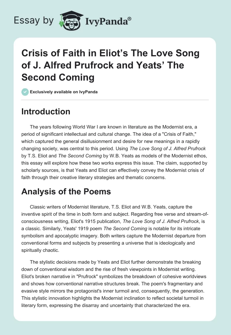 Crisis of Faith in Eliot’s The Love Song of J. Alfred Prufrock and Yeats’ The Second Coming. Page 1
