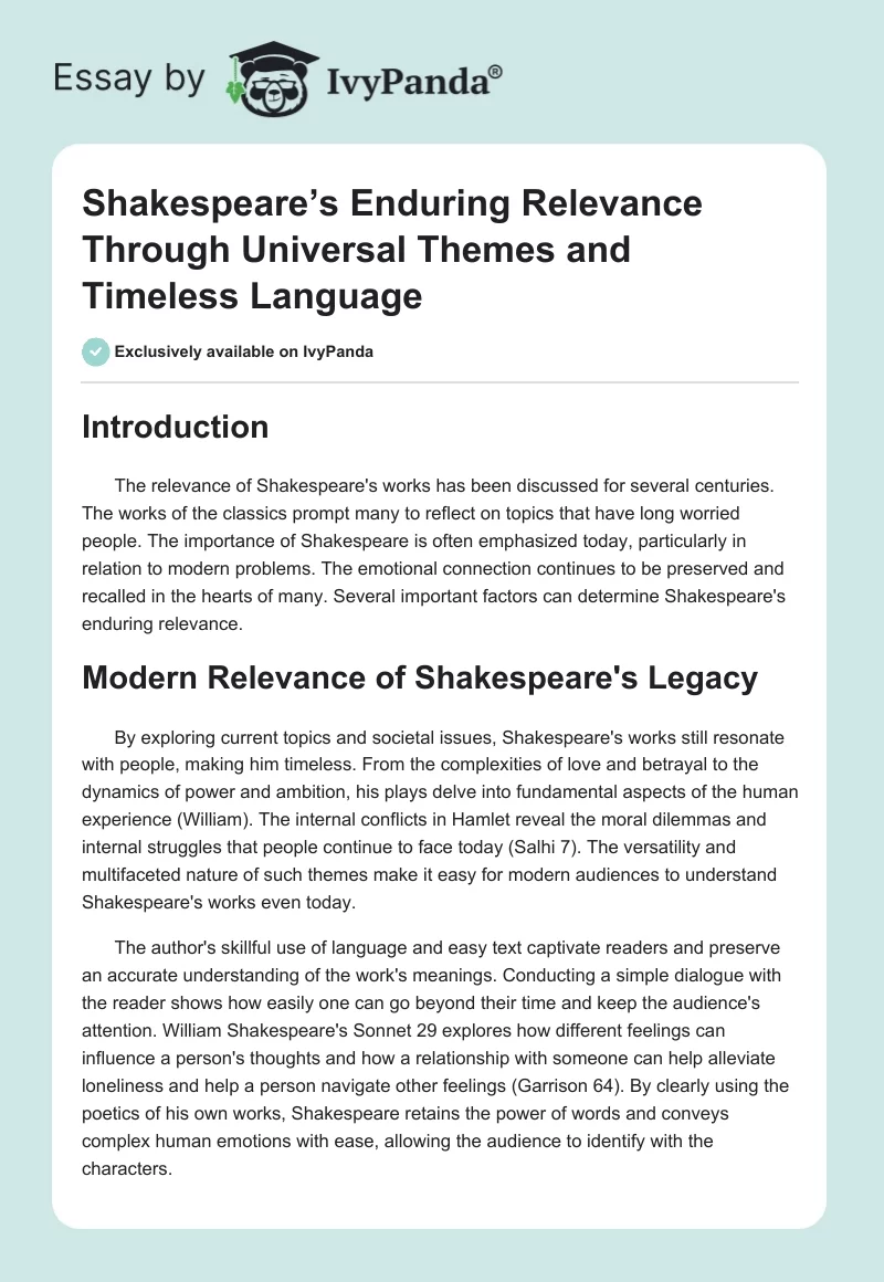 Shakespeare’s Enduring Relevance Through Universal Themes and Timeless Language. Page 1