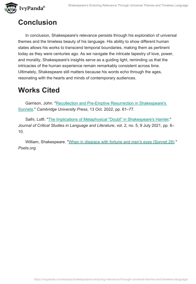Shakespeare’s Enduring Relevance Through Universal Themes and Timeless Language. Page 2