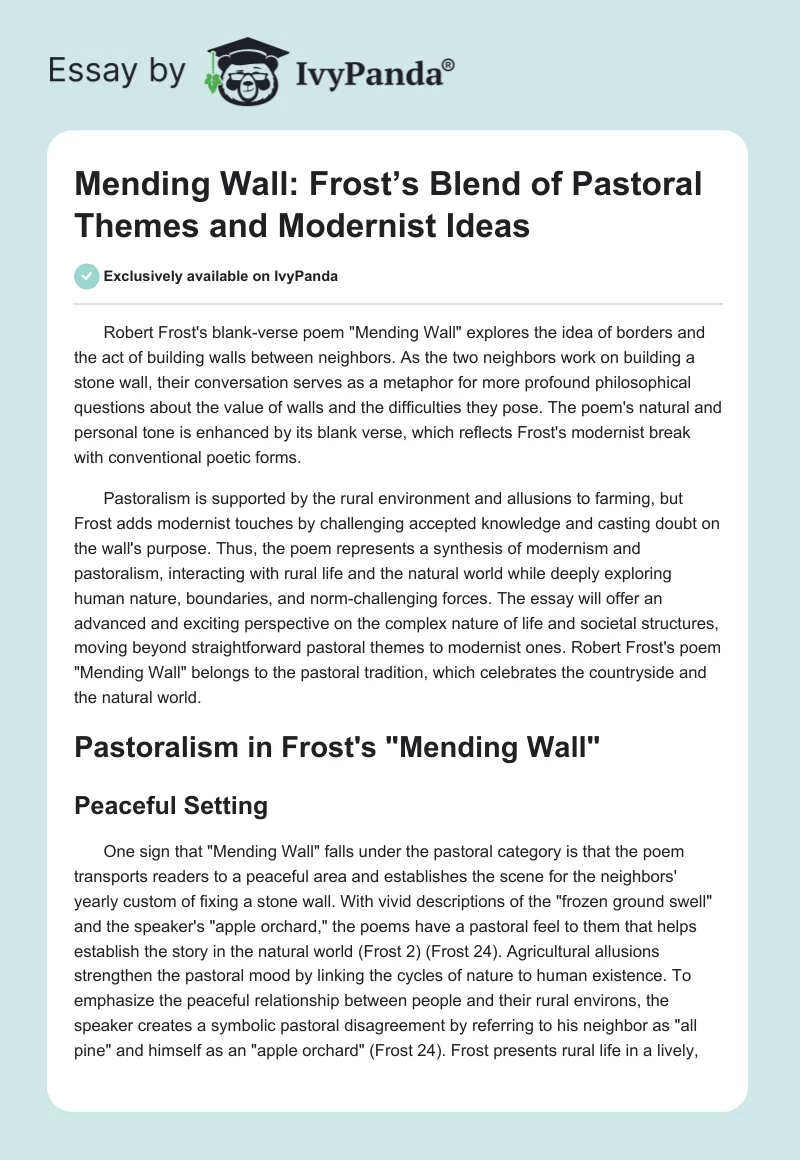 Mending Wall: Frost’s Blend of Pastoral Themes and Modernist Ideas. Page 1