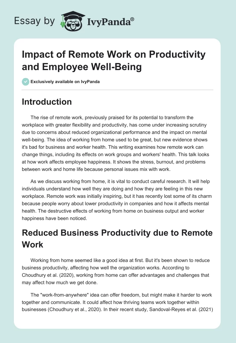 Impact of Remote Work on Productivity and Employee Well-Being. Page 1