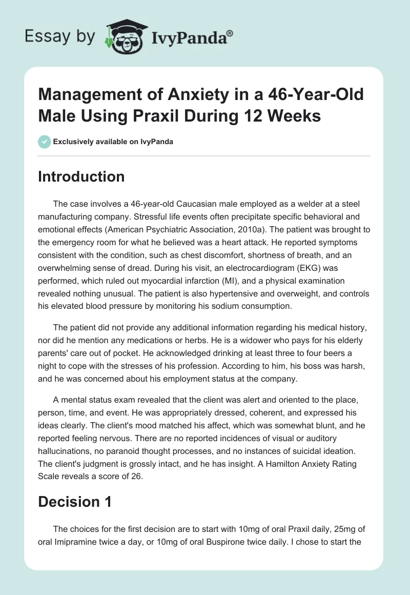 Management of Anxiety in a 46-Year-Old Male Using Praxil During 12 Weeks. Page 1
