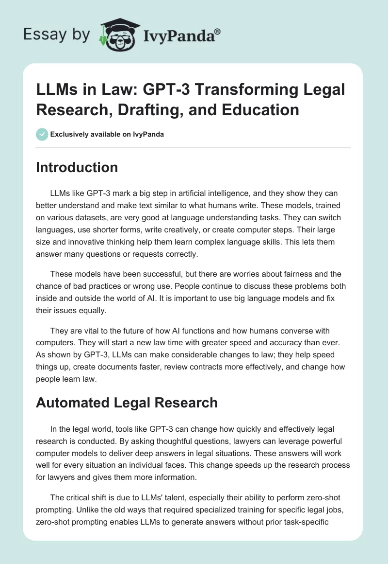 LLMs in Law: GPT-3 Transforming Legal Research, Drafting, and Education. Page 1