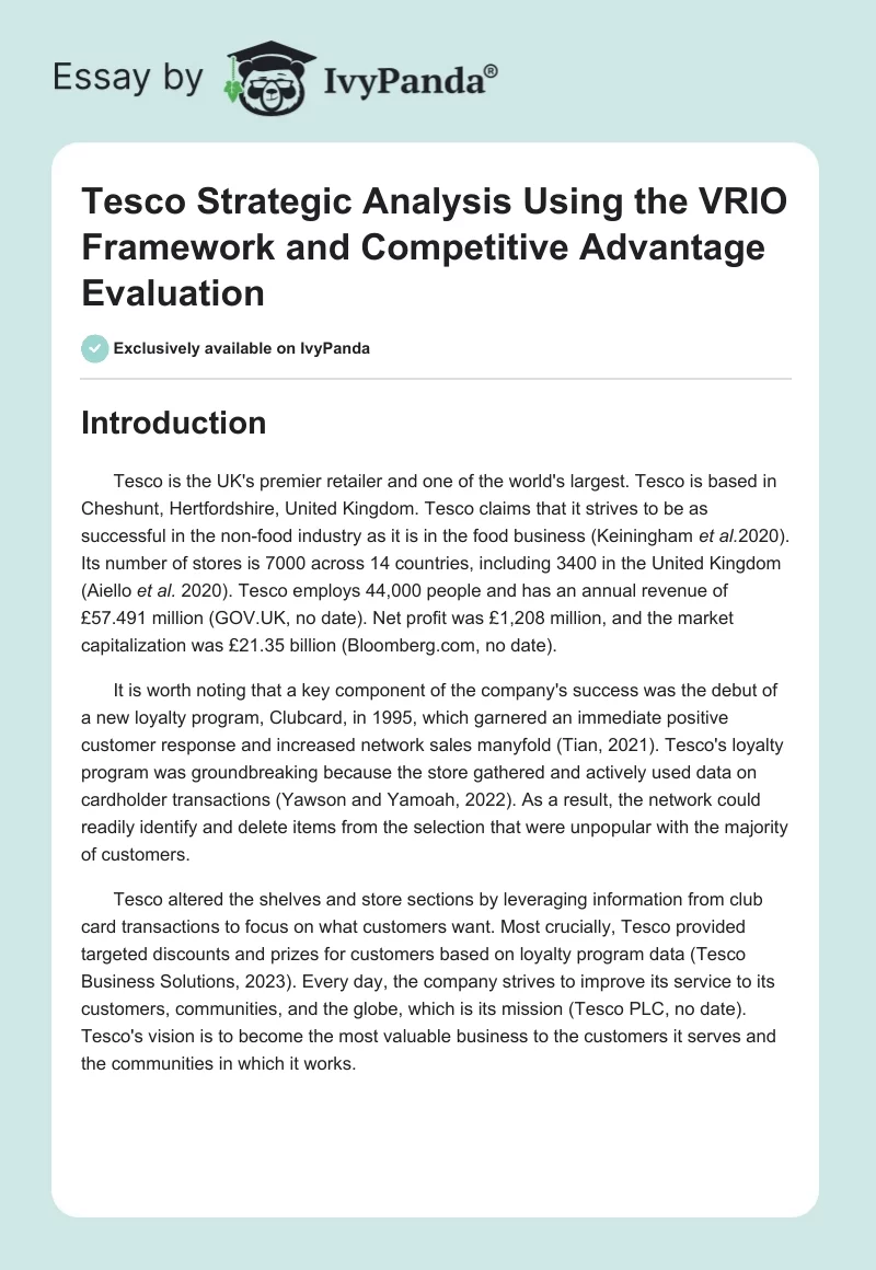 Tesco Strategic Analysis Using the VRIO Framework and Competitive Advantage Evaluation. Page 1