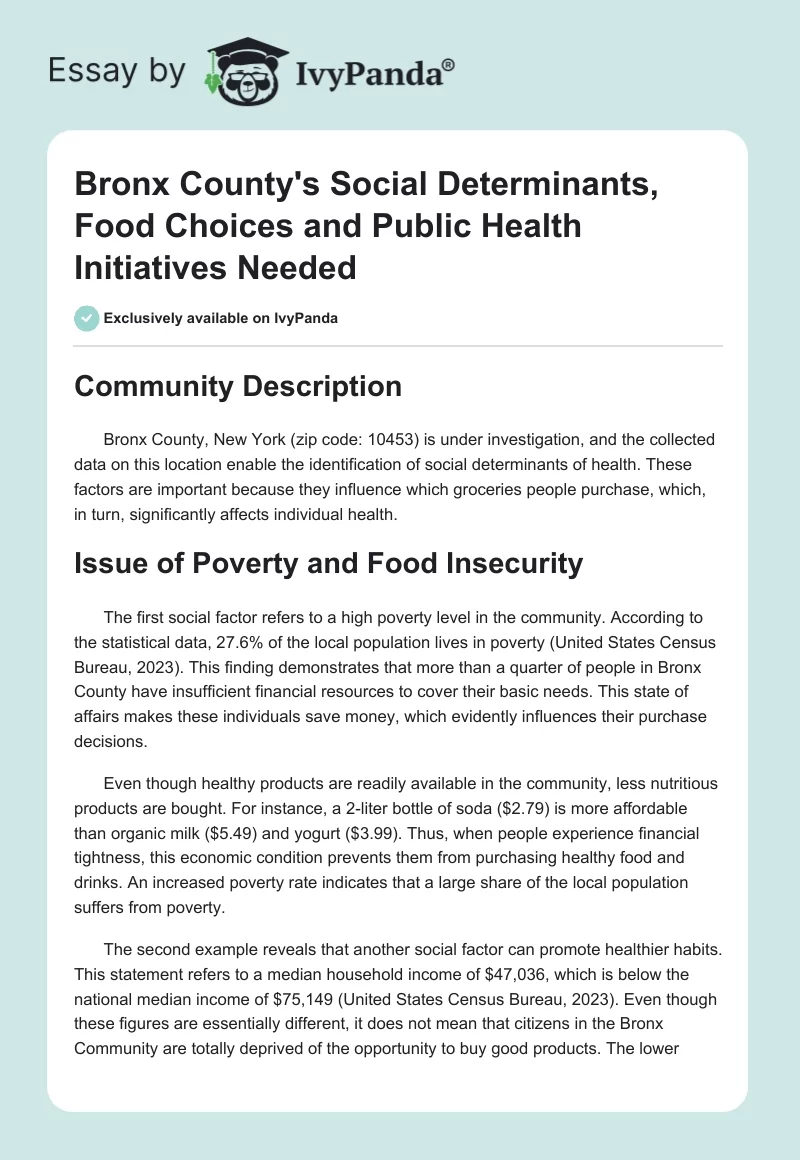Bronx County's Social Determinants, Food Choices and Public Health Initiatives Needed. Page 1