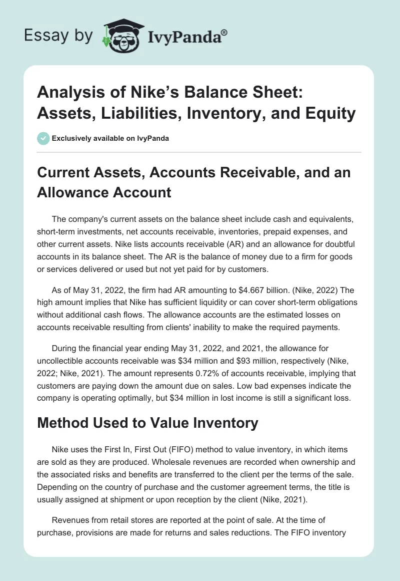 Analysis of Nike’s Balance Sheet: Assets, Liabilities, Inventory, and Equity. Page 1