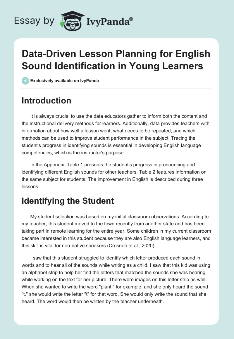 Data-Driven Lesson Planning for English Sound Identification in Young Learners. Page 1