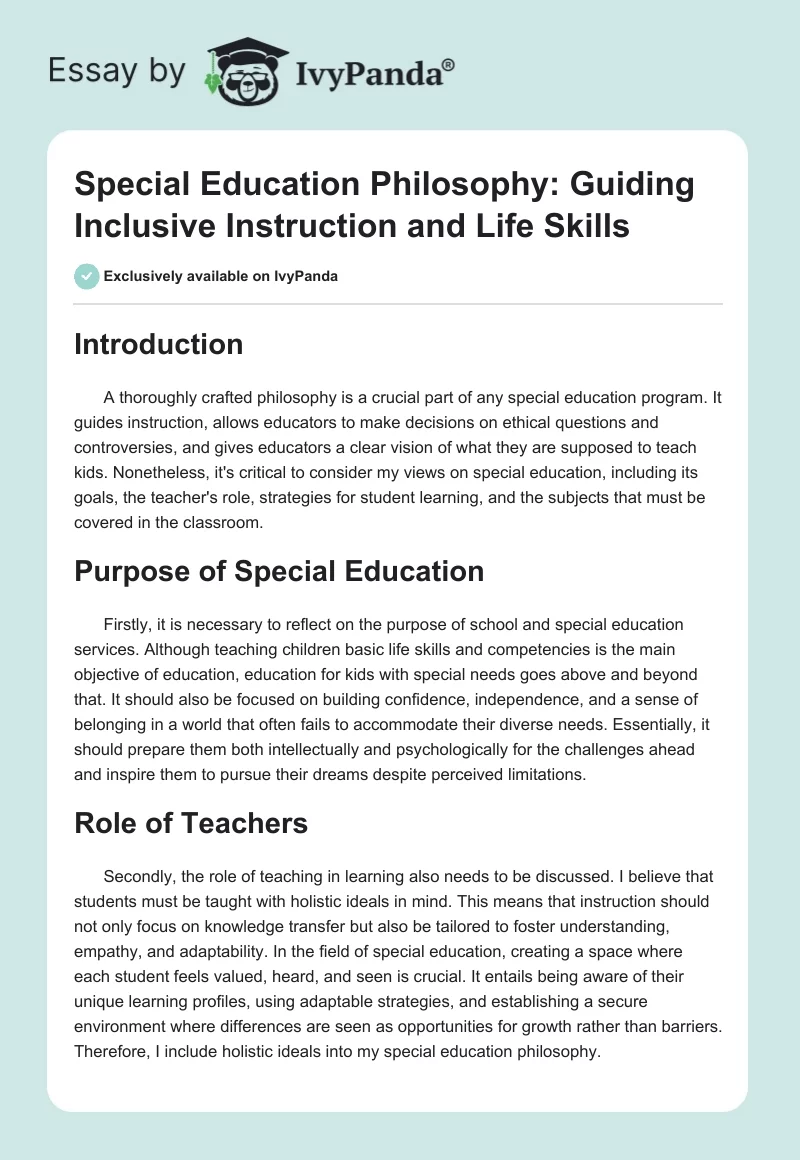 Special Education Philosophy: Guiding Inclusive Instruction and Life Skills. Page 1