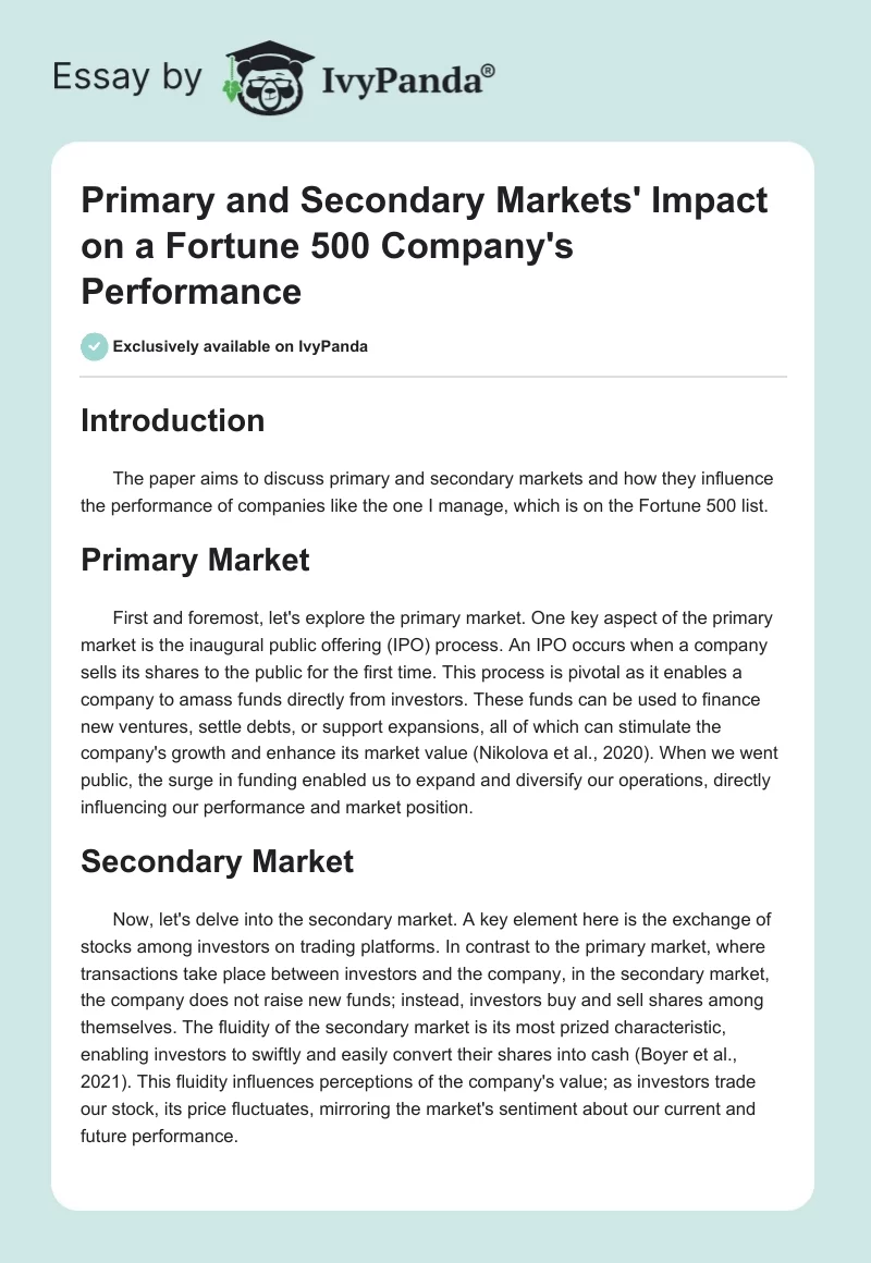 Primary and Secondary Markets' Impact on a Fortune 500 Company's Performance. Page 1
