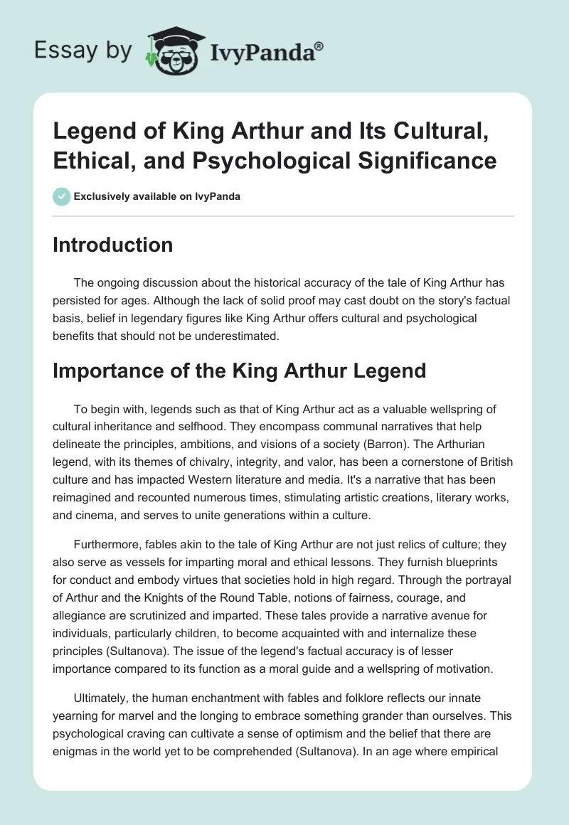 Legend of King Arthur and Its Cultural, Ethical, and Psychological Significance. Page 1