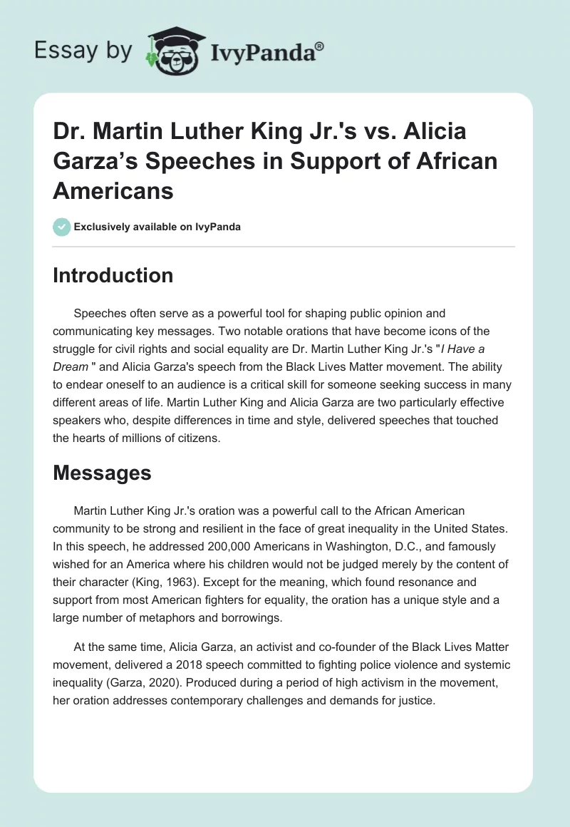 Dr. Martin Luther King Jr.'s vs. Alicia Garza’s Speeches in Support of African Americans. Page 1