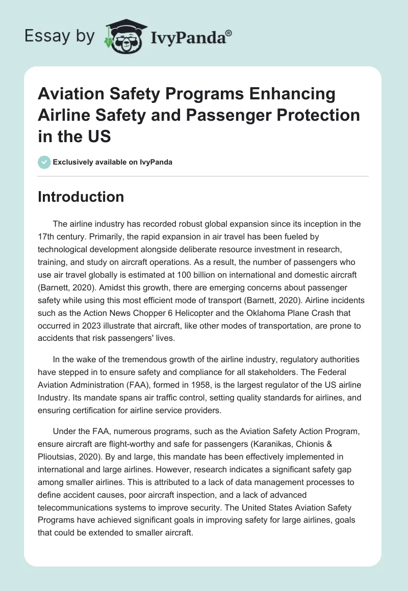 Aviation Safety Programs Enhancing Airline Safety and Passenger Protection in the US. Page 1