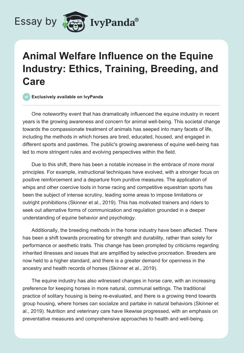 Animal Welfare Influence on the Equine Industry: Ethics, Training, Breeding, and Care. Page 1