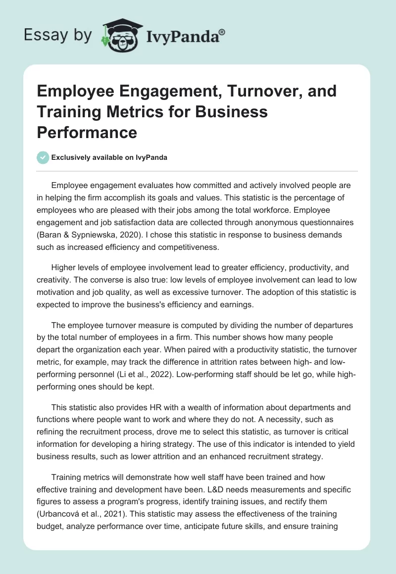 Employee Engagement, Turnover, and Training Metrics for Business Performance. Page 1