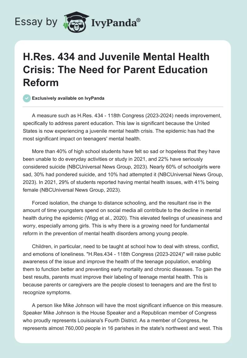 H.Res. 434 and Juvenile Mental Health Crisis: The Need for Parent Education Reform. Page 1