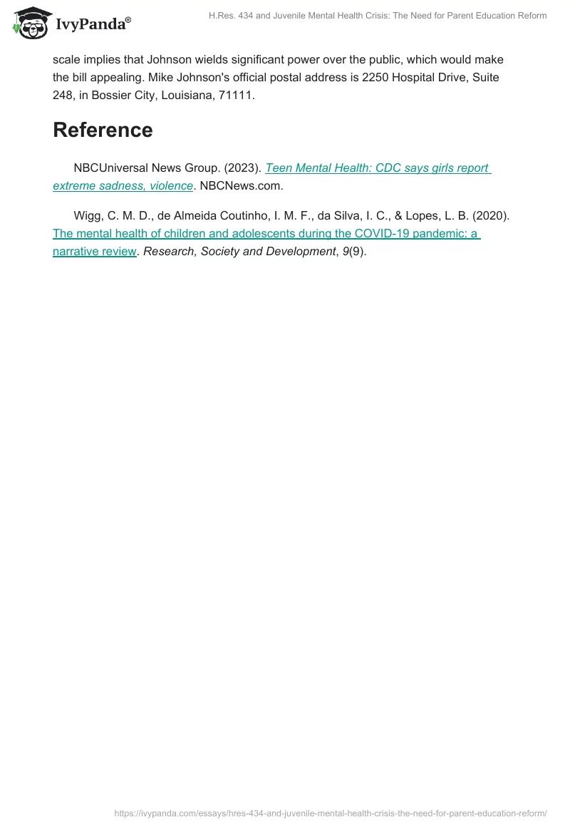 H.Res. 434 and Juvenile Mental Health Crisis: The Need for Parent Education Reform. Page 2