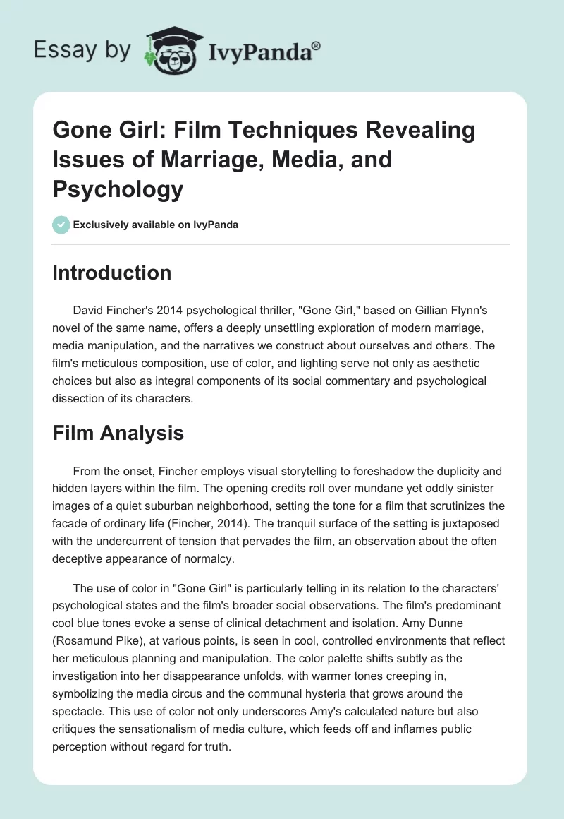 Gone Girl: Film Techniques Revealing Issues of Marriage, Media, and Psychology. Page 1
