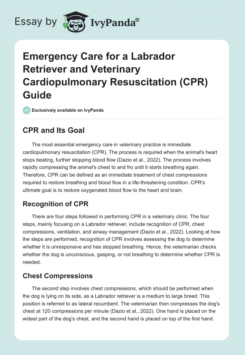Emergency Care for a Labrador Retriever and Veterinary Cardiopulmonary Resuscitation (CPR) Guide. Page 1