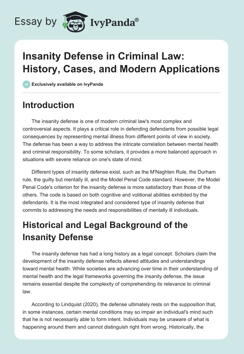 Insanity Defense in Criminal Law: History, Cases, and Modern Applications. Page 1