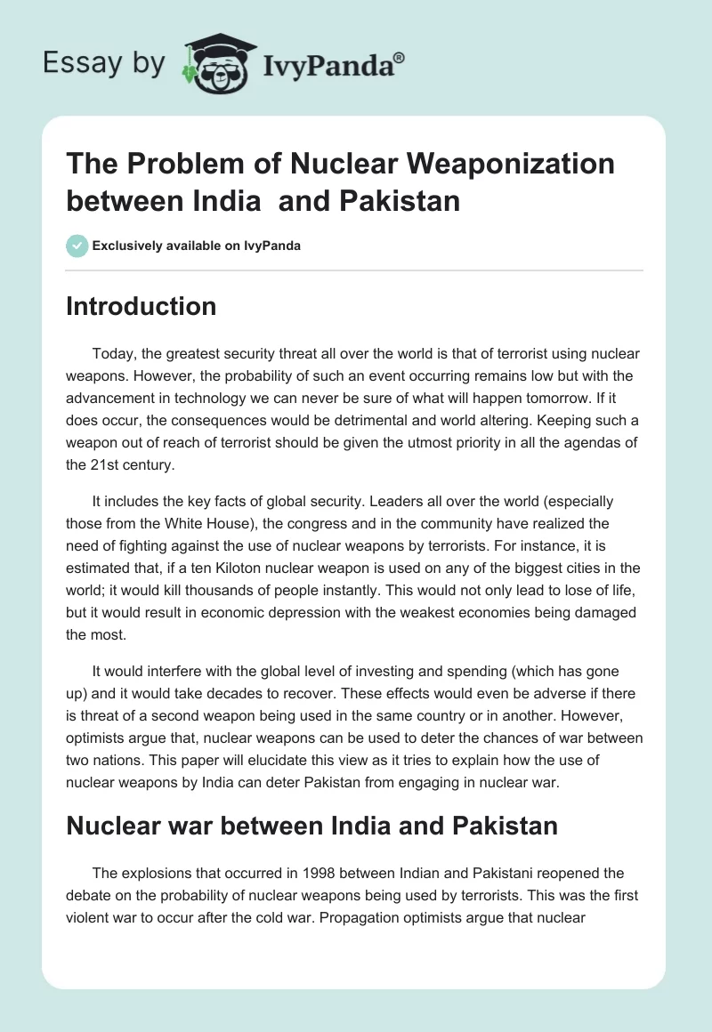 The Problem of Nuclear Weaponization between India  and Pakistan. Page 1