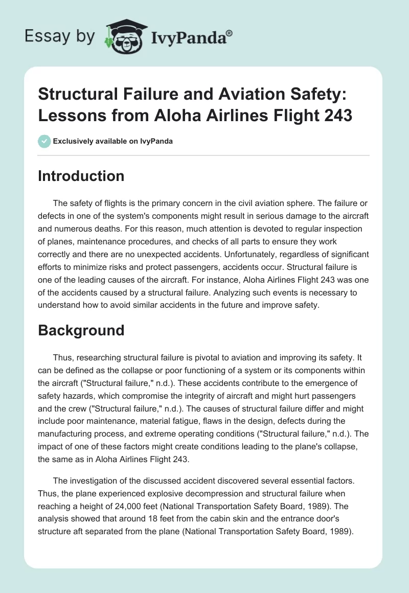 Structural Failure and Aviation Safety: Lessons from Aloha Airlines Flight 243. Page 1