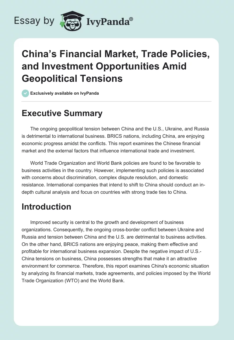 China’s Financial Market, Trade Policies, and Investment Opportunities Amid Geopolitical Tensions. Page 1