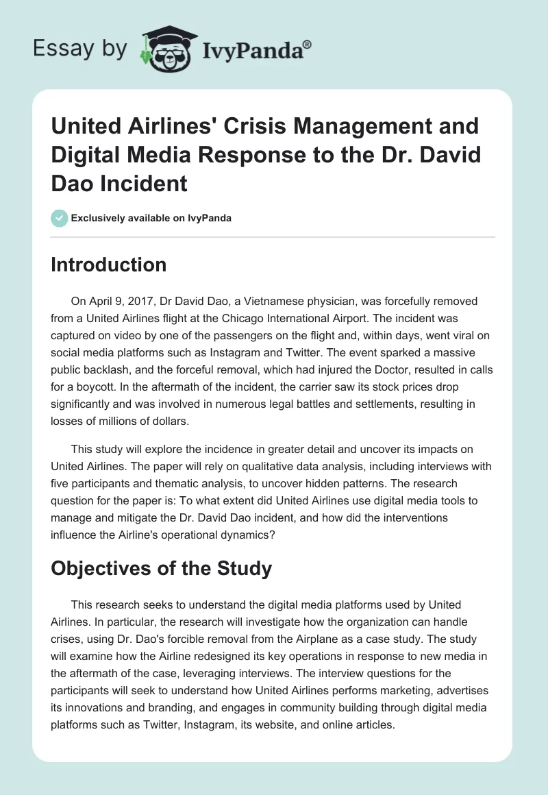 United Airlines' Crisis Management and Digital Media Response to the Dr. David Dao Incident. Page 1