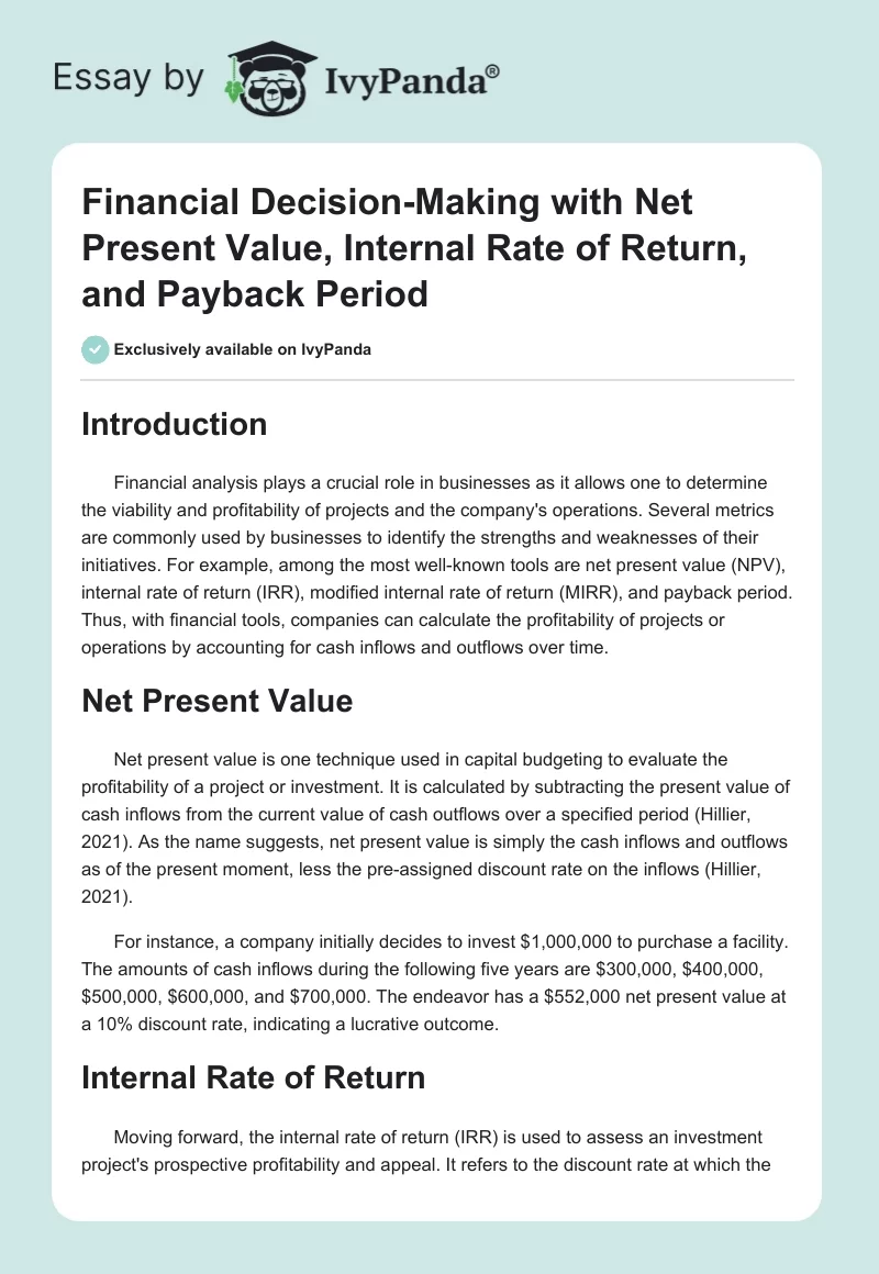 Financial Decision-Making with Net Present Value, Internal Rate of Return, and Payback Period. Page 1