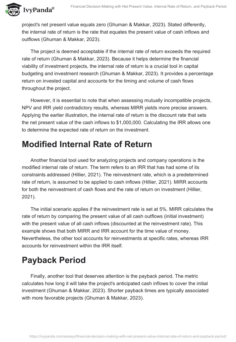 Financial Decision-Making with Net Present Value, Internal Rate of Return, and Payback Period. Page 2