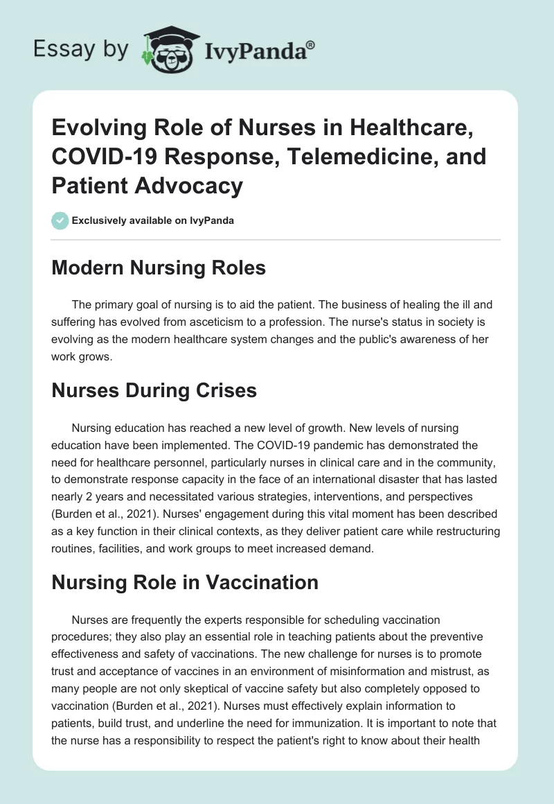 Evolving Role of Nurses in Healthcare, COVID-19 Response, Telemedicine, and Patient Advocacy. Page 1