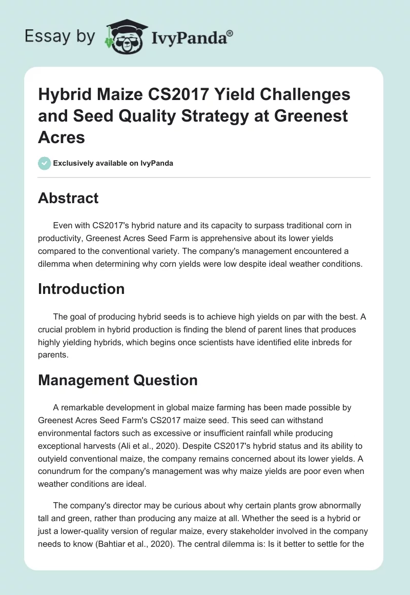Hybrid Maize CS2017 Yield Challenges and Seed Quality Strategy at Greenest Acres. Page 1
