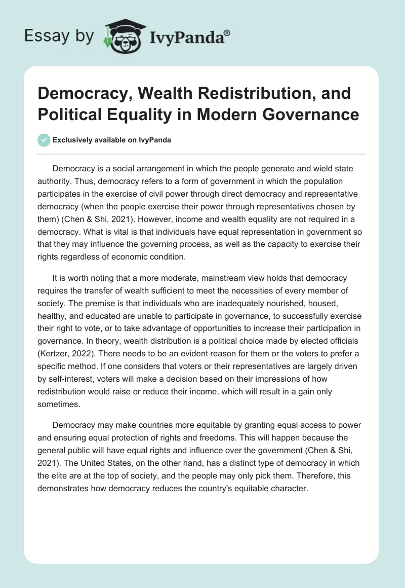 Democracy, Wealth Redistribution, and Political Equality in Modern Governance. Page 1