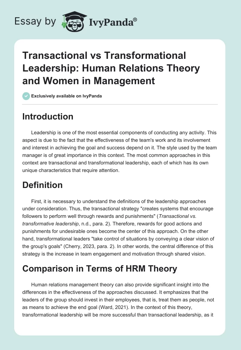 Transactional vs Transformational Leadership: Human Relations Theory and Women in Management. Page 1